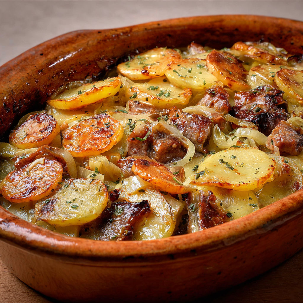 Terrine alsacienne de baeckeoffe mijotée au vin blanc et bouquet garni.