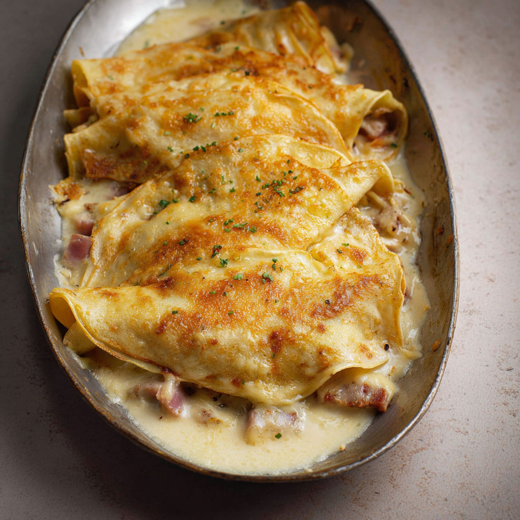 Une crêpe béchamel jambon est servie sur un plateau en argent.