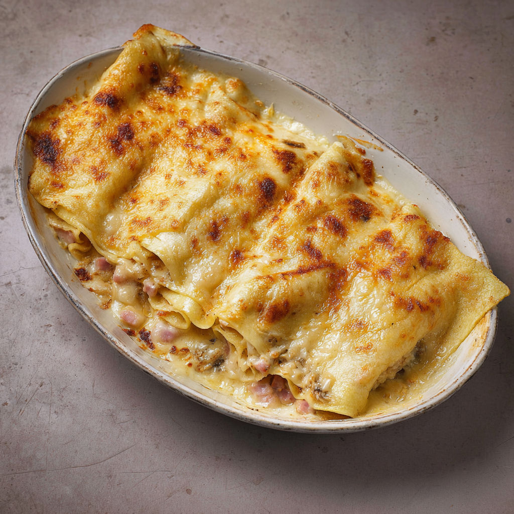 Crêpes gourmandes au jambon et béchamel onctueuse gratinées au four.