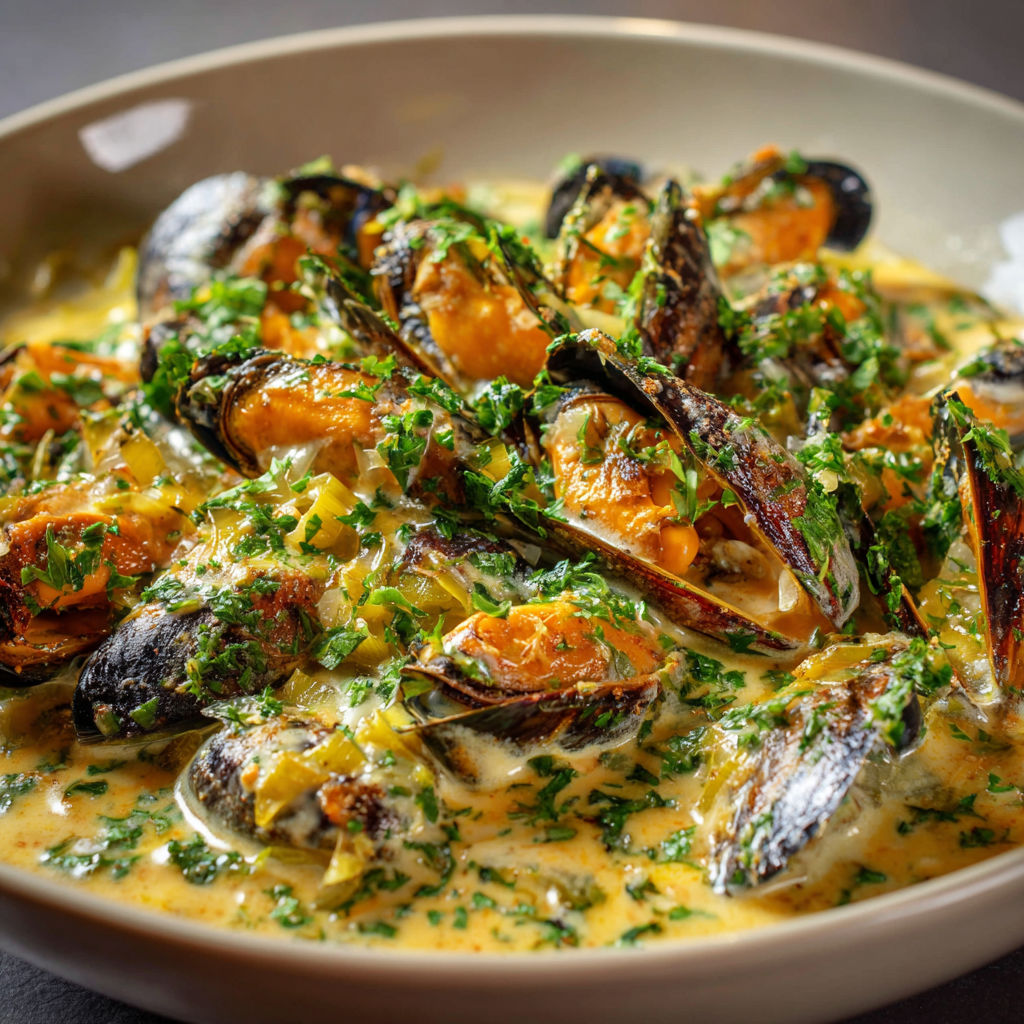 Une fricassée de moules au poireau est servie dans un bol en porcelaine.