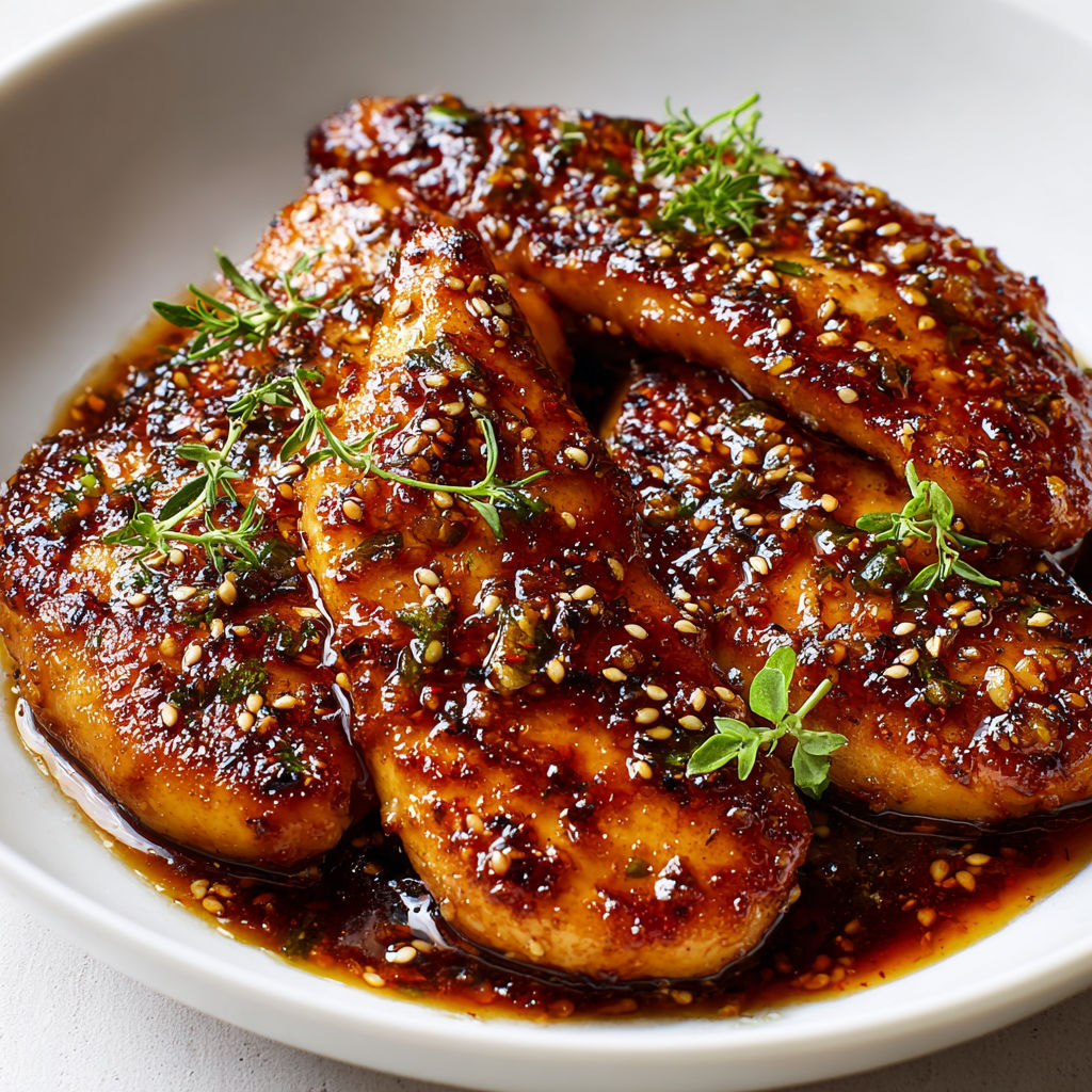 Escalopes de poulet fondantes caramélisées au miel à l’ail et sauce soja.
