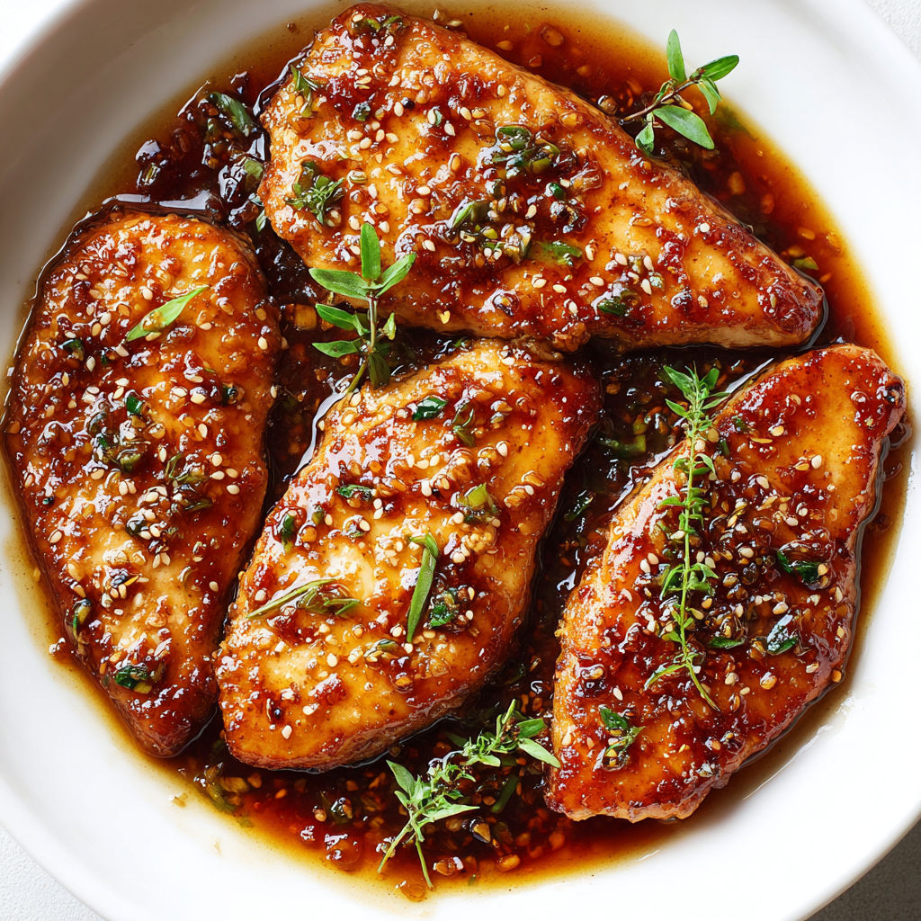 Une recette de Poulet poêlé doré et nappé d'une sauce miel soja brillante et parfumée.