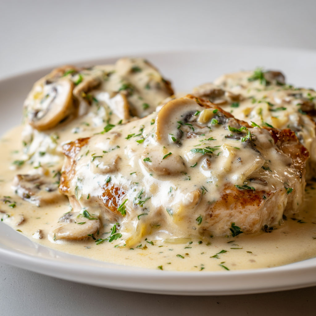 Une escalope de veau à la crème est servie sur un plateau.