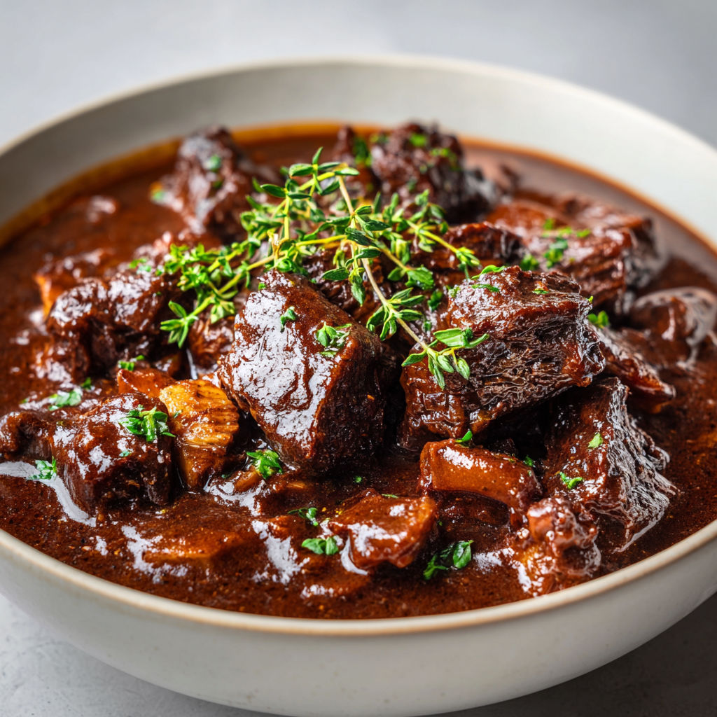 Un plat de Carbonnade flamande traditionnelle au bœuf tendre et sauce riche et parfumée.