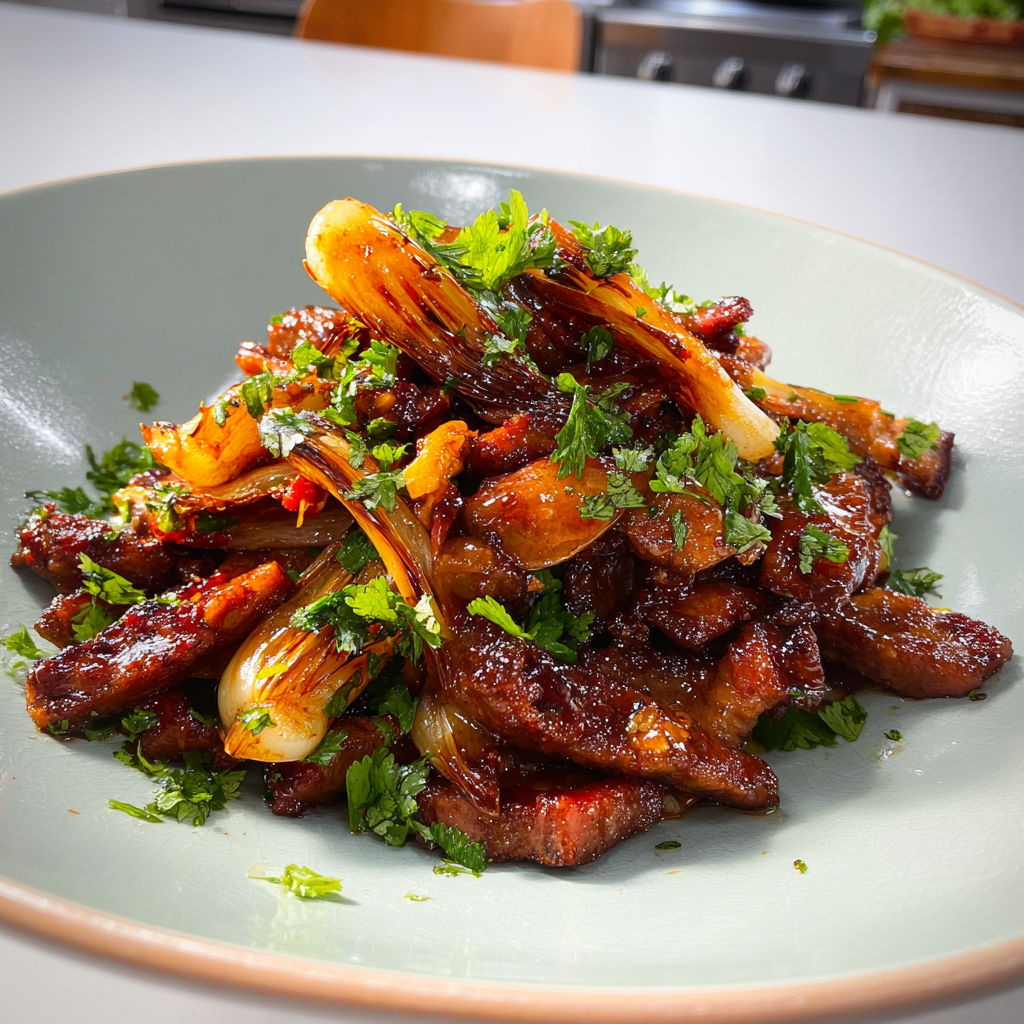 Une assiette de wok d'echine de porc et d'endives, prête à être servie.
