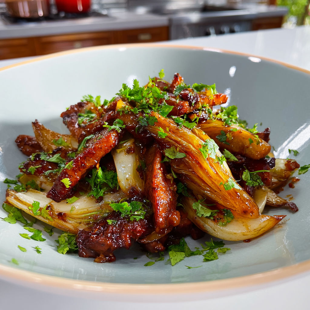 Wok d’échine de porc et endives caramélisées à la sauce soja et coriandre.