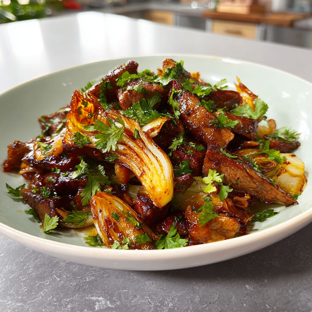 Porc et endives en wok gourmand sucré salé aux saveurs asiatiques.