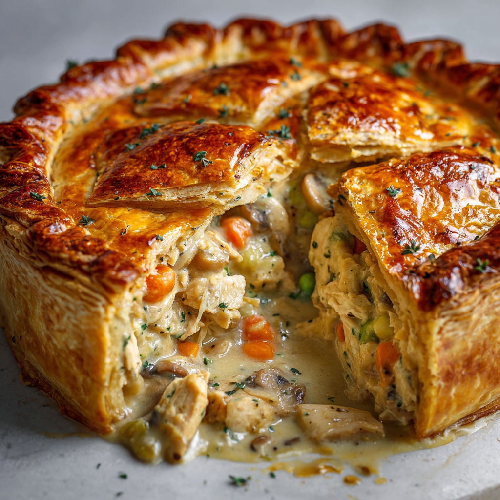 Tourte au poulet maison généreuse et savoureuse garnie de légumes fondants et crème onctueuse.