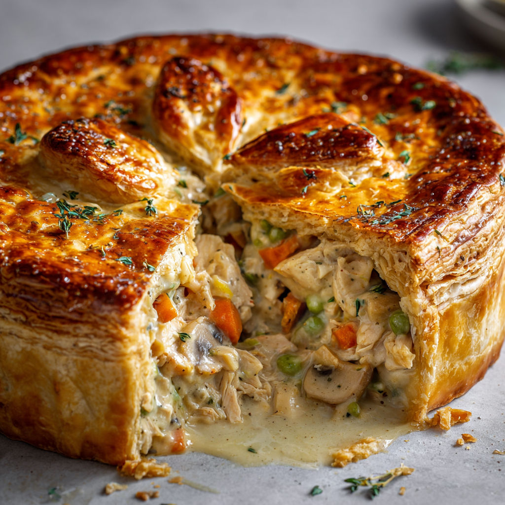 Tourte rustique au poulet et légumes variés enveloppée dans une pâte feuilletée dorée et croustillante.