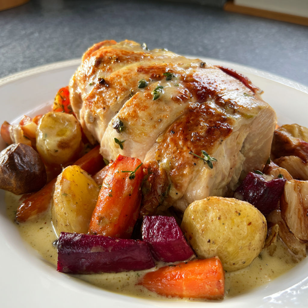 Chapon au riesling et légumes d'hiver, une platter de légumes et de viande grillée, avec une sauce au riesling et des herbes fraîches.