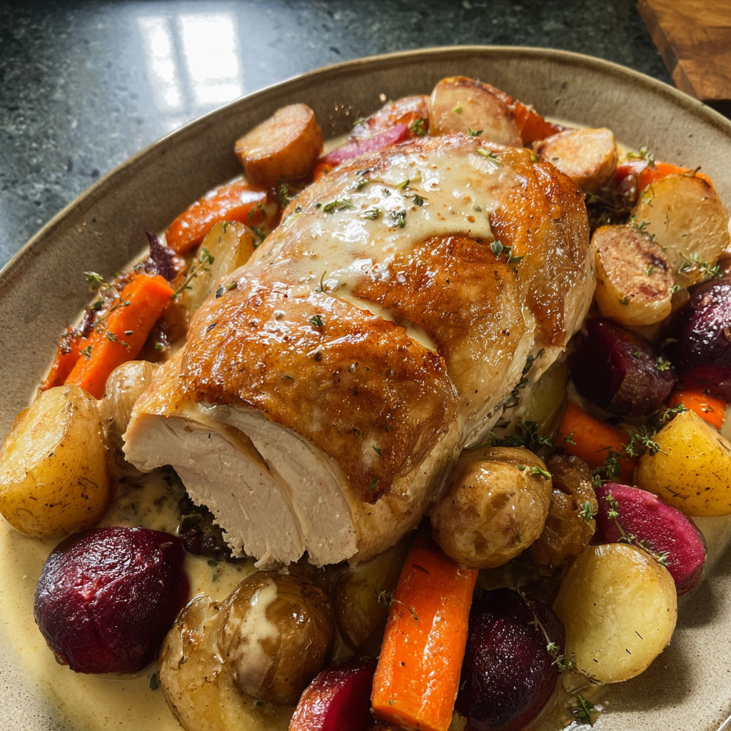 Chapon au riesling et légumes d'hiver, une recette savoureuse et colorée, est servie sur un plateau en céramique.