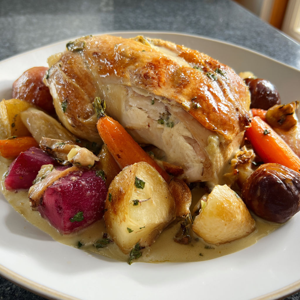 Chapon au riesling et légumes d'hiver, une platter de légumes et de poulet grillé, avec une sauce au riesling.