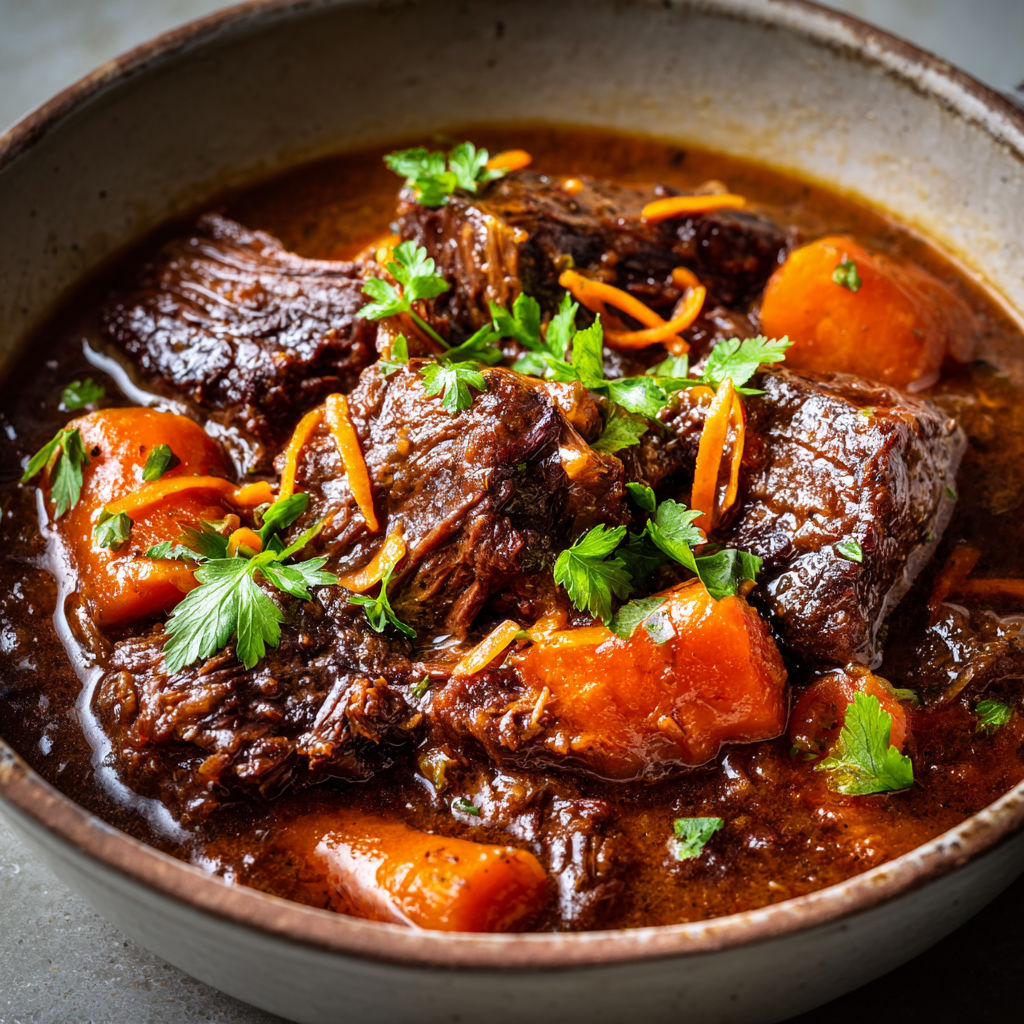 Une recette de boeuf carotte est servie dans un bol en céramique.