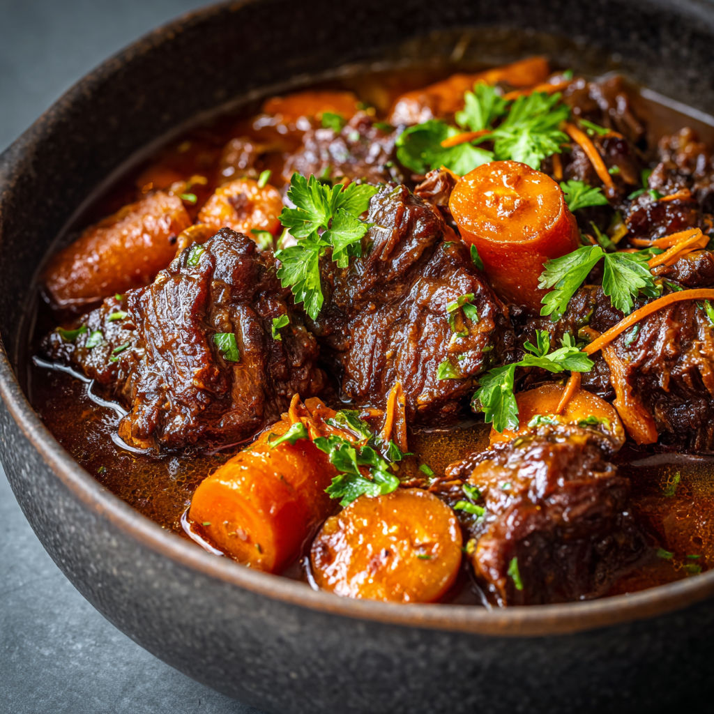 Un pot de bouillon avec des carottes et des morceaux de viande.