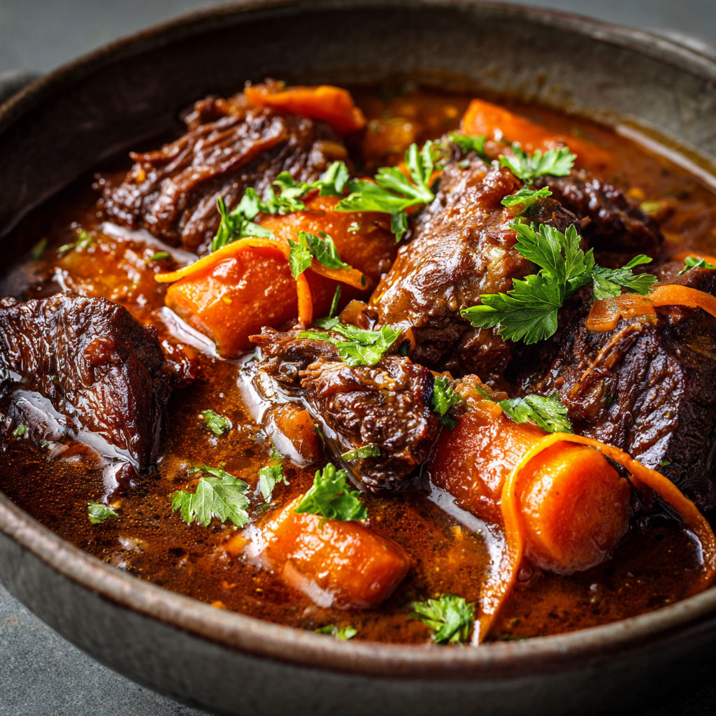 Une casserole de viande et légumes, avec des carottes et des herbes, est servie dans un bol en terre.