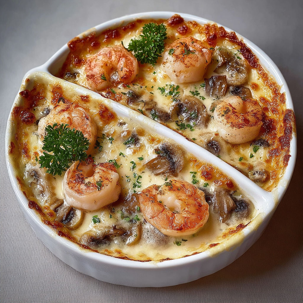 Gratin onctueux de crevettes et champignons à la crème fondante.