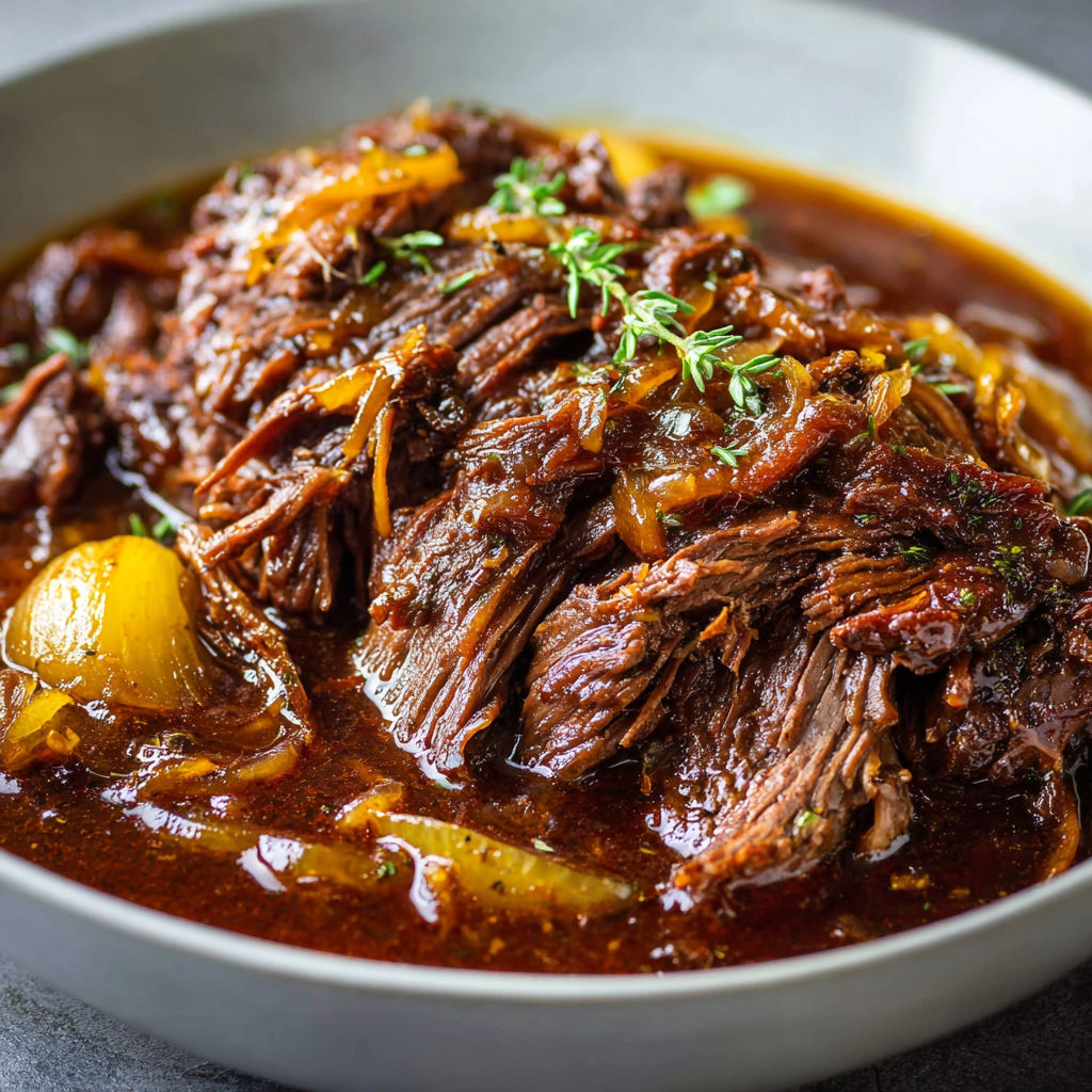 Un délicieux Bœuf effiloché ultra fondant aux oignons caramélisés et jus corsé.