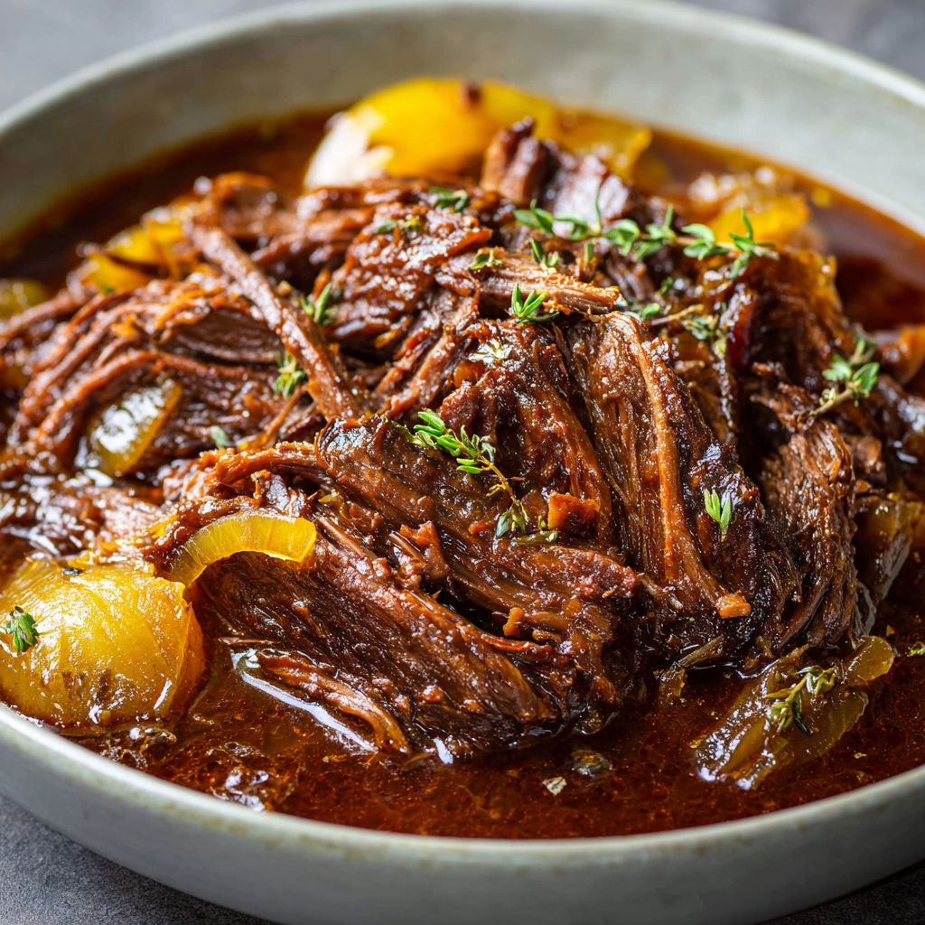 Un délicieux Bœuf longuement mijoté effiloché à la sauce riche et parfumée.