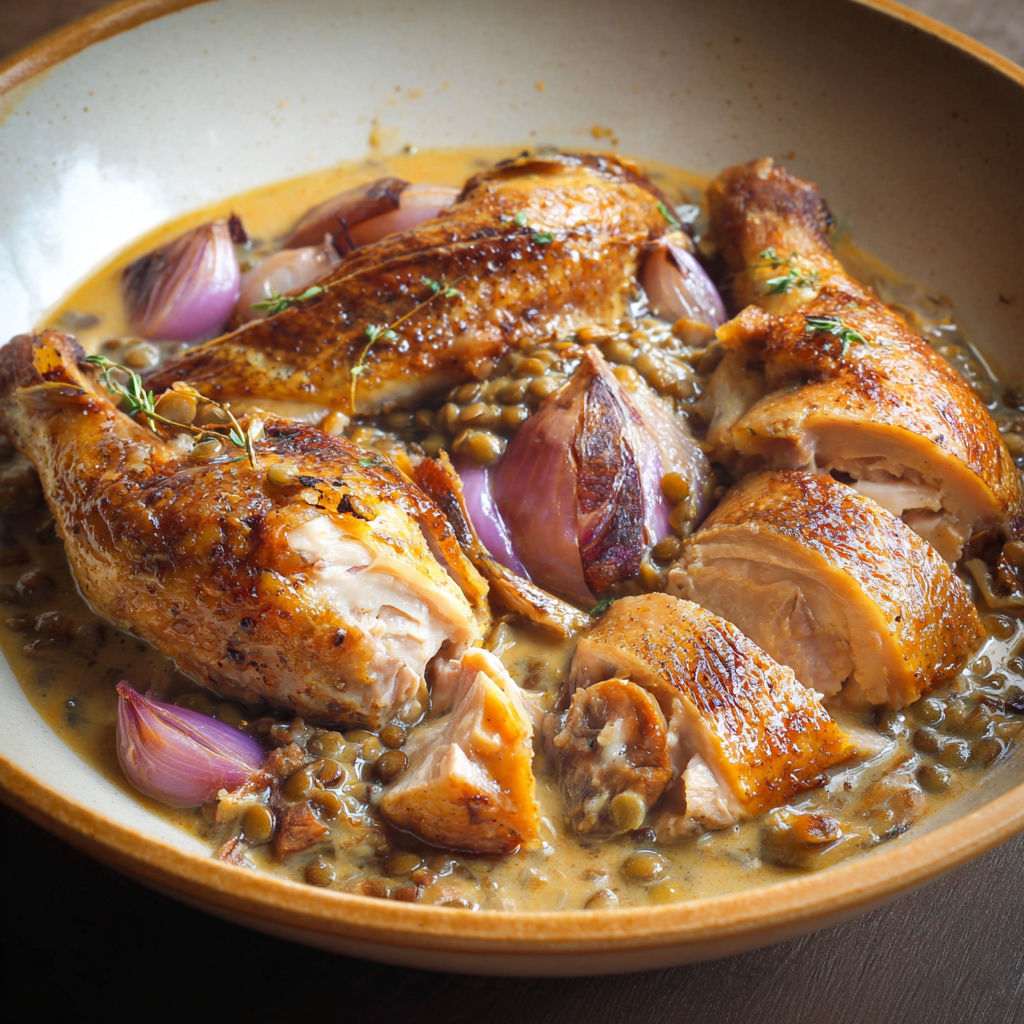 Une pintade à l'auvergnate est servie dans un bol en céramique.