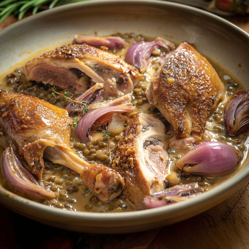 Une pintade à l'auvergnate est servie dans un bol sur une table.