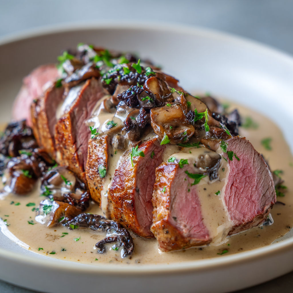 Filet de bœuf fondant nappé d’une sauce crémeuse aux trompettes de la mort.
