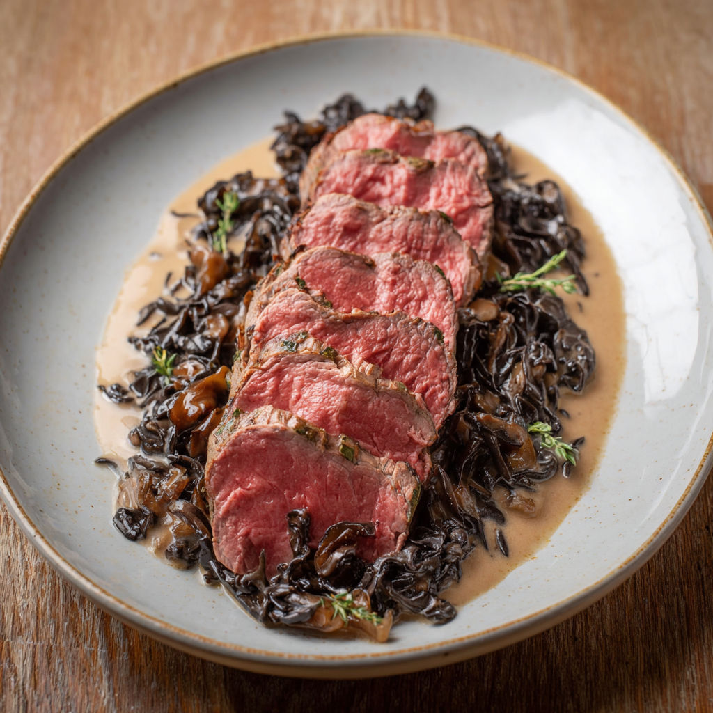 Filet de bœuf rôti basse température et sauce raffinée aux champignons noirs.