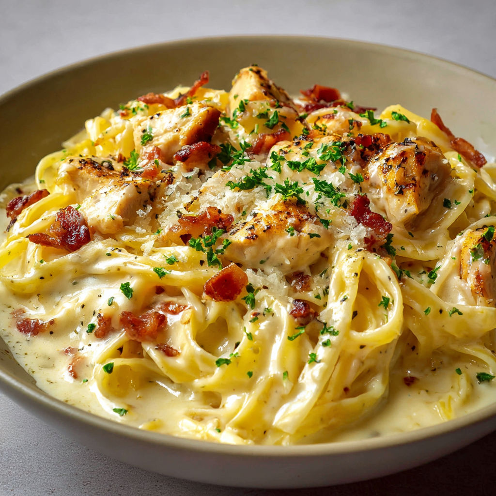 Un plat de Tagliatelles gourmandes au poulet et sauce crémeuse façon italienne.