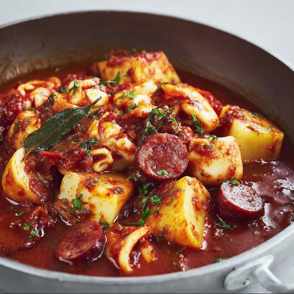 Ragout de calamars fondants au chorizo et pommes de terre.