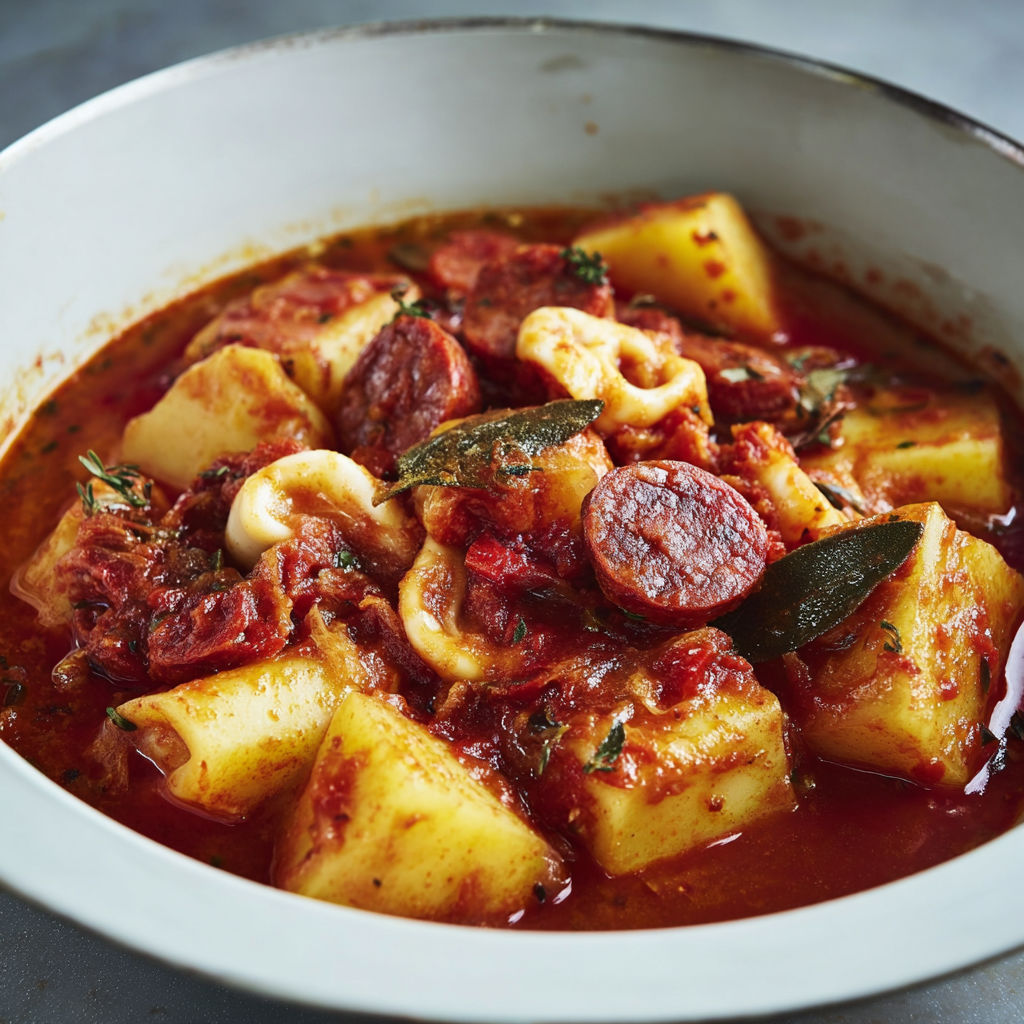 Une recette de Calamars mijotes au chorizo dans une sauce tomate parfumee.