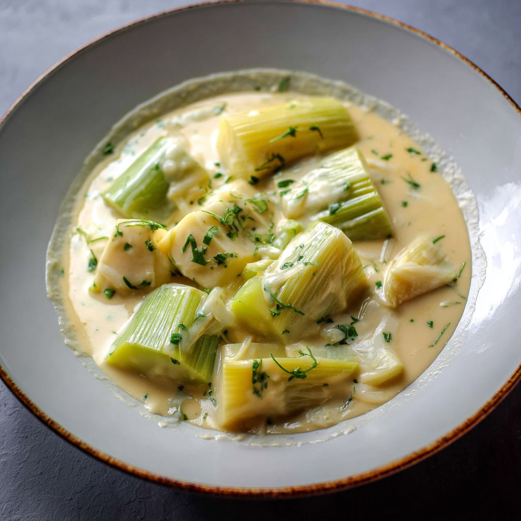 Blanquette fondante de poireaux au poiré et crème douce.