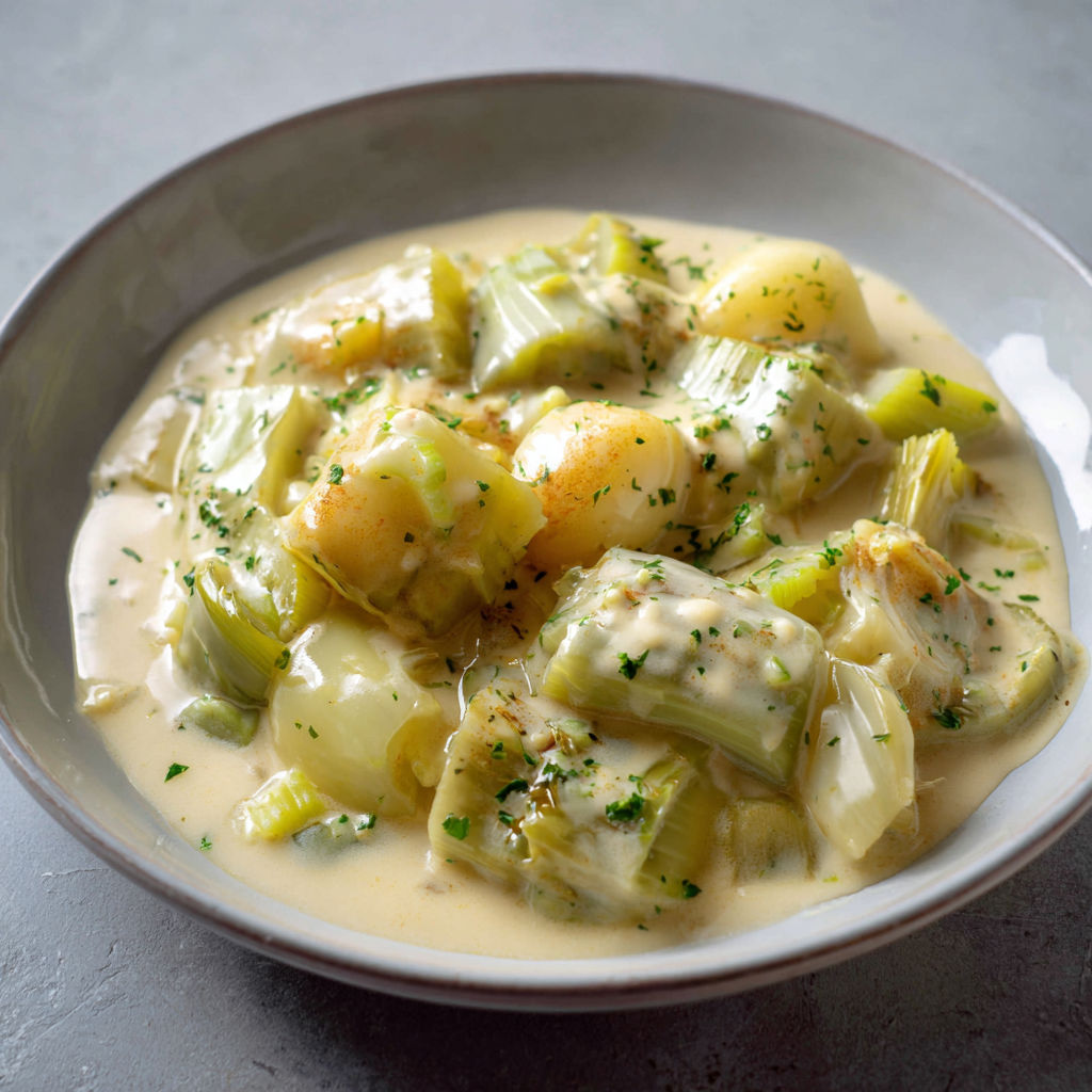 Une assiette de Blanquette de poireaux crémeuse au poiré artisanal.