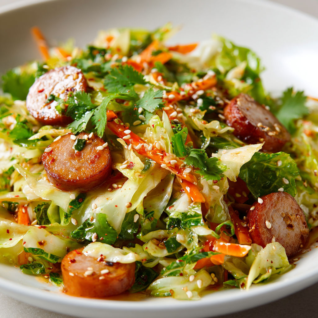 Salade croquante de chou chinois aux saucisses de Montbéliard tièdes.