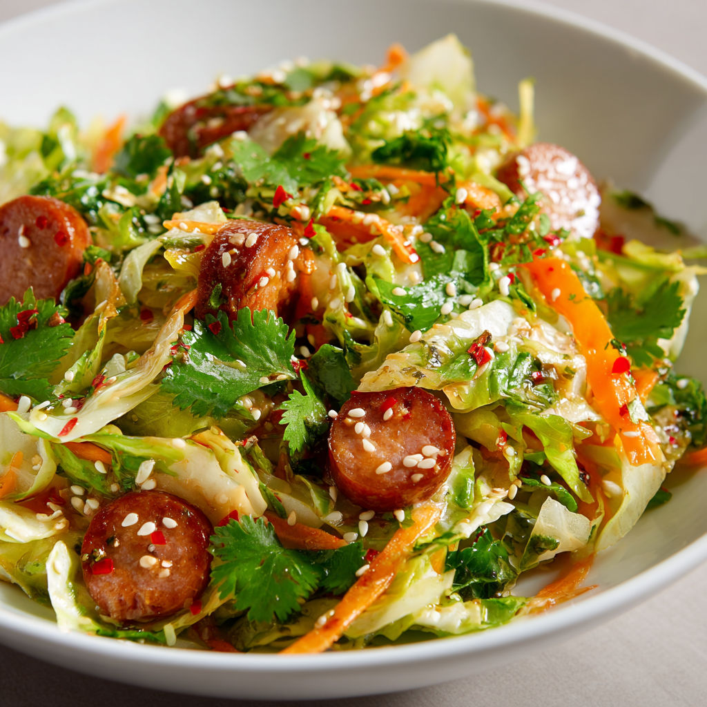 Salade fraîche de chou et carottes aux saucisses de Montbéliard façon asiatique.