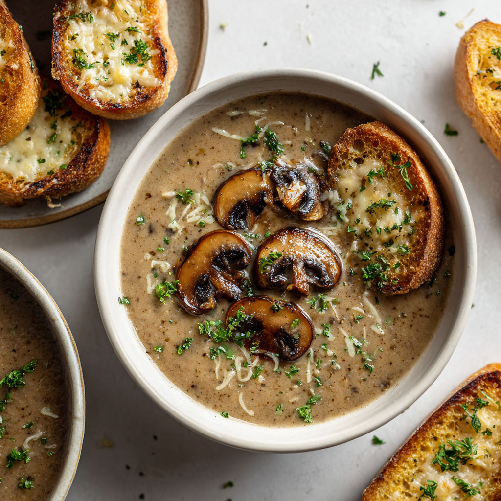 Une soupe de champignons accompagnée de pain gratiné à l'ail, offrant un repas réconfortant et délicieux.