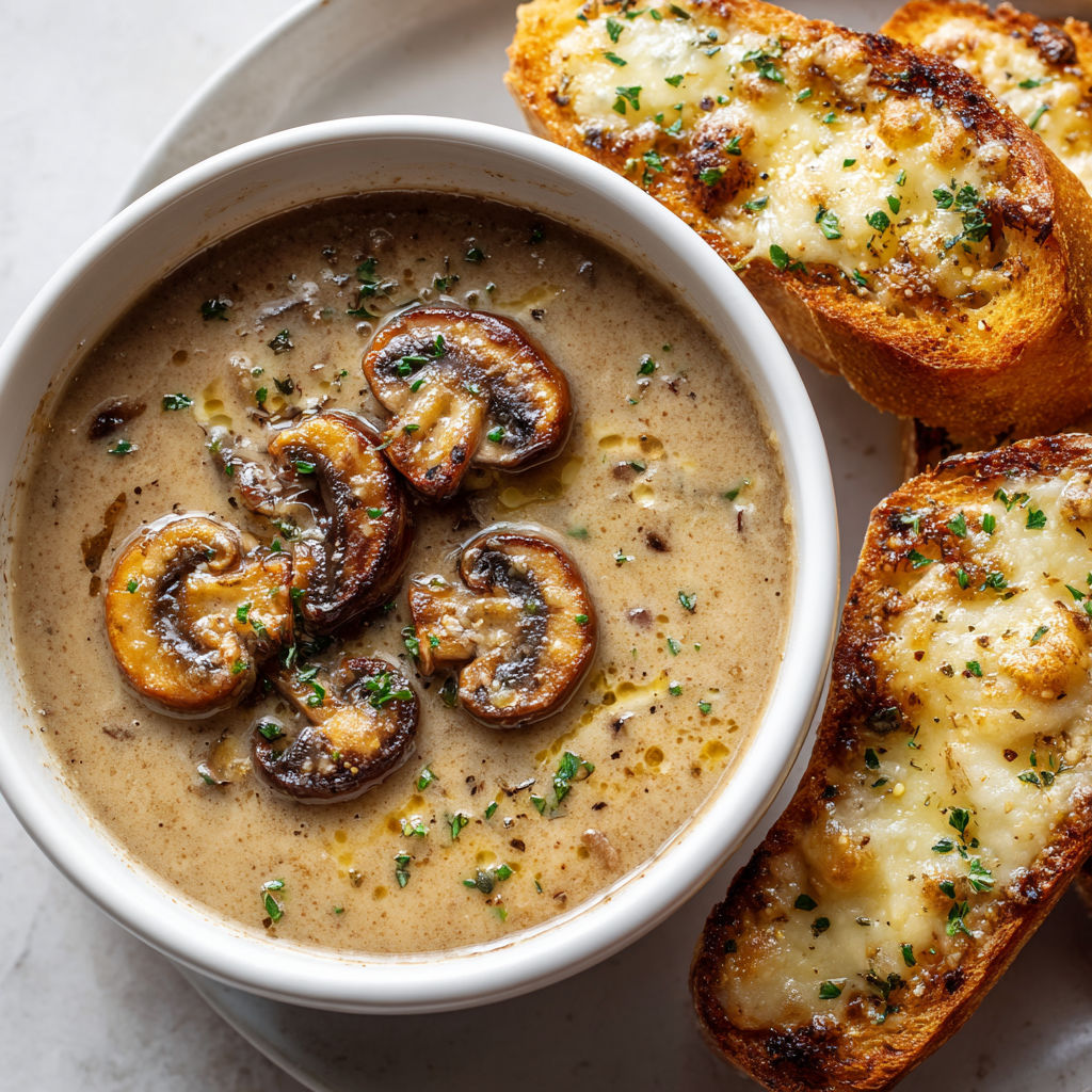 Une soupe de champignons accompagnée de pain gratiné à l'ail, un combo réconfortant et délicieux.