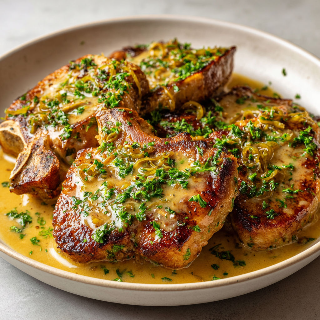 Une assiette de côtes de porc sauce charcutière, avec des herbes et des épices pour une saveur unique et délicieuse.
