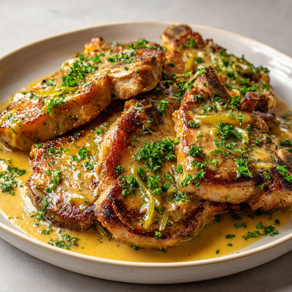 Une assiette de côtes de porc sauce charcutière, avec des herbes et des légumes, est servie sur une table.