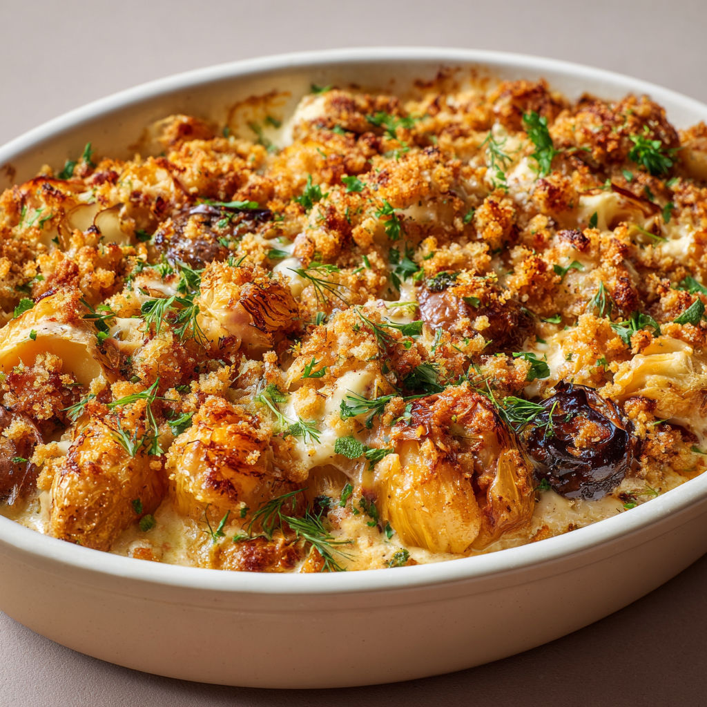 Légumes racines rôtis sous un crumble parfumé et doré, servie dans un bol en céramique.