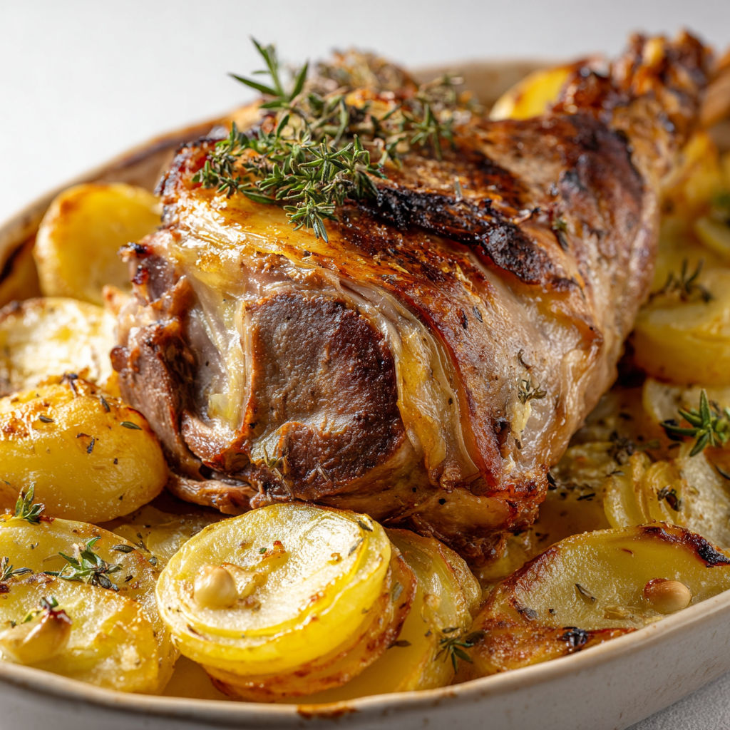 Un gigot d'agneau et des pommes de terre boulangères dans un plat.