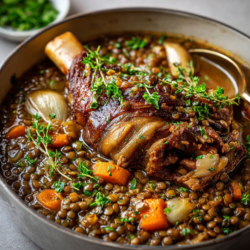 Jarret de porc fondant aux lentilles mijotées aux herbes.
