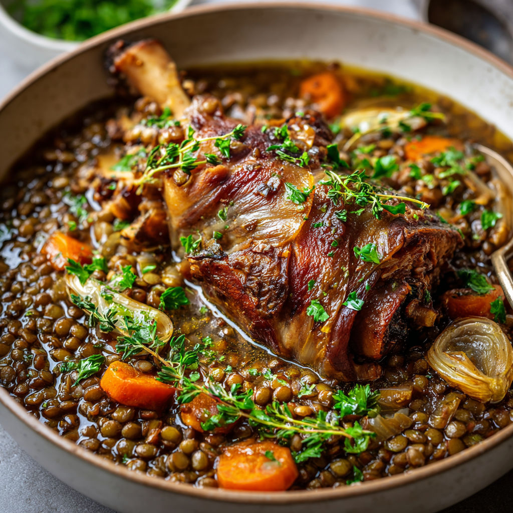 Jarret de porc traditionnel aux lentilles parfumées et légumes.