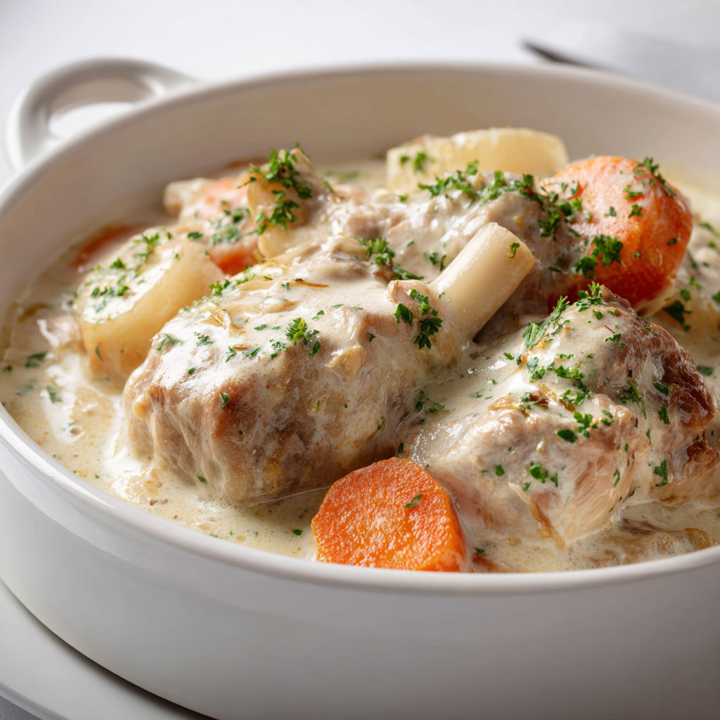 Une blanquette de veau et son os dans un bol.