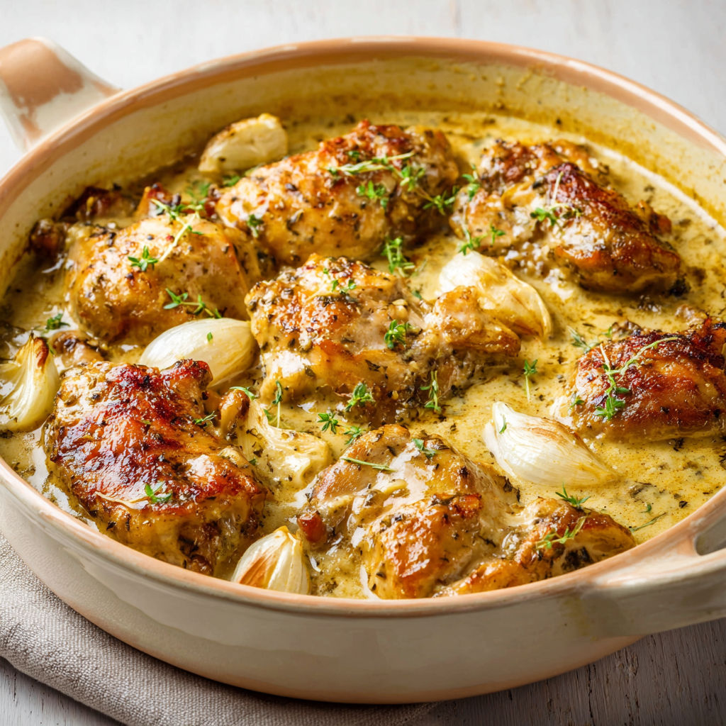 Un plat de lapin fondant à la moutarde et crème onctueuse.