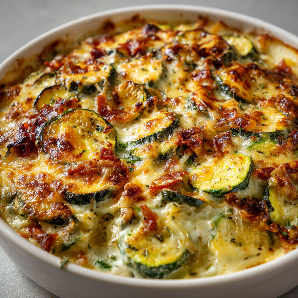 Un plat de gratin de courgettes aux lardons, servit sur un plateau en porcelaine.