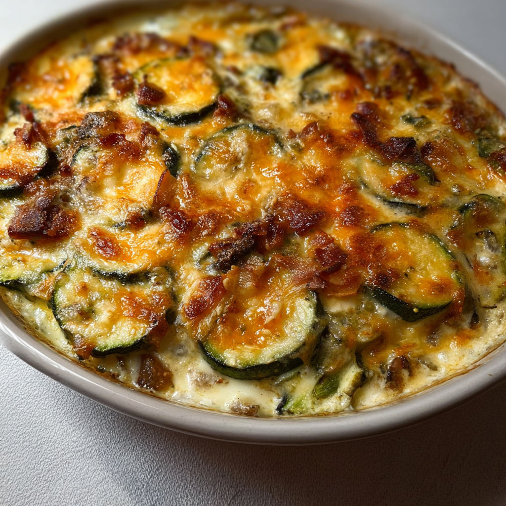 Un plat de gratin de courgettes aux lardons, servie dans un bol.