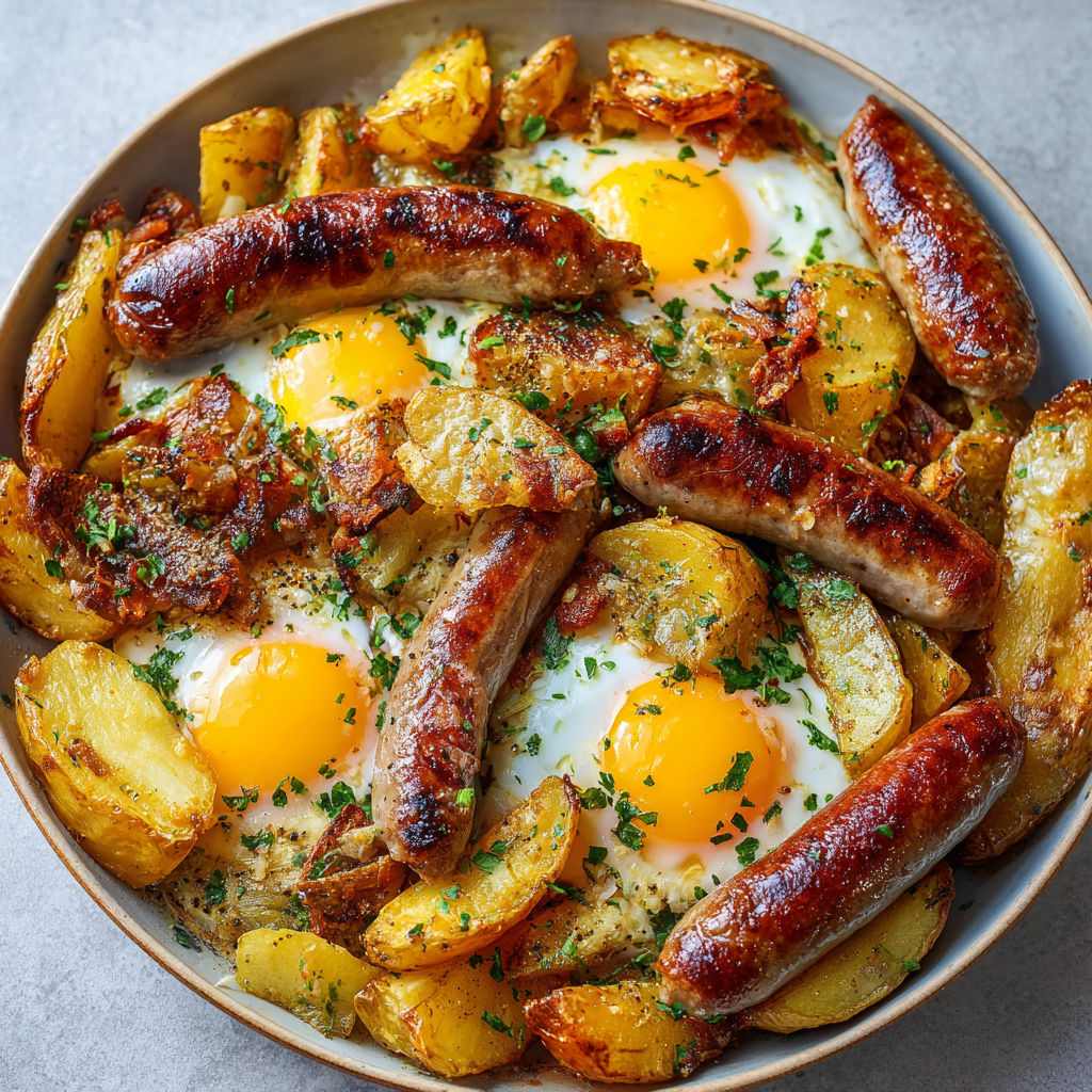 Une assiette de Saucisses au Four avec Pommes de Terre et Œufs, prête à être servie.