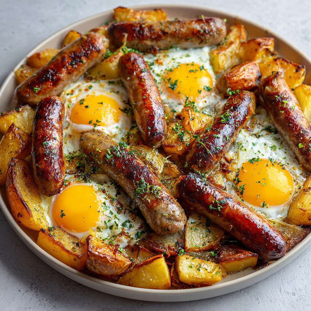 Une assiette de saucisses au four avec des pommes de terre et des œufs, une recette savoureuse et délicieuse.