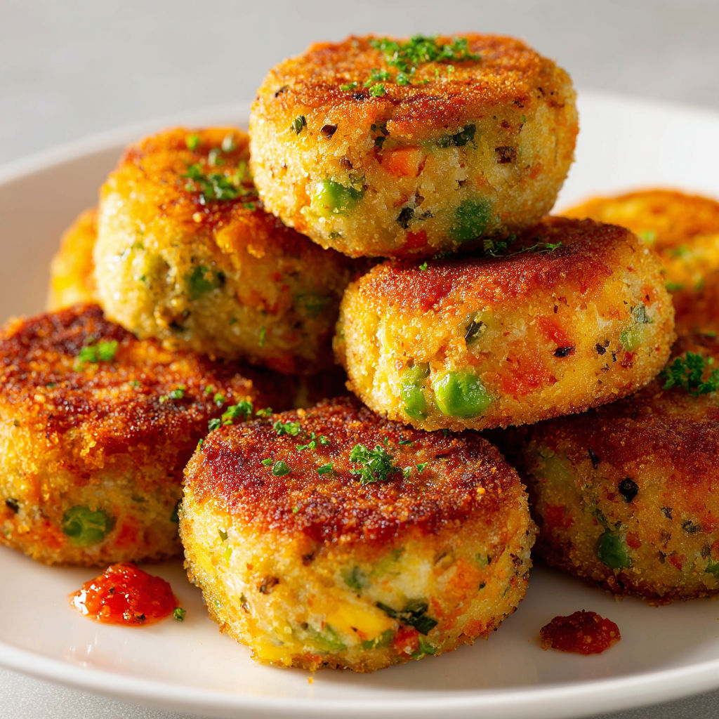 Une pile de croquettes de légumes au poulet sur un plateau.