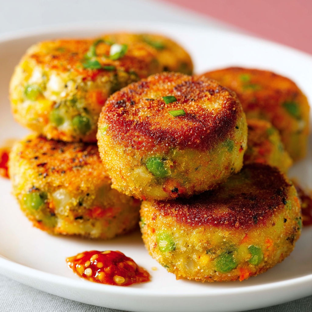Une assiette de croquettes de légumes au poulet, avec une sauce tomate et des herbes.