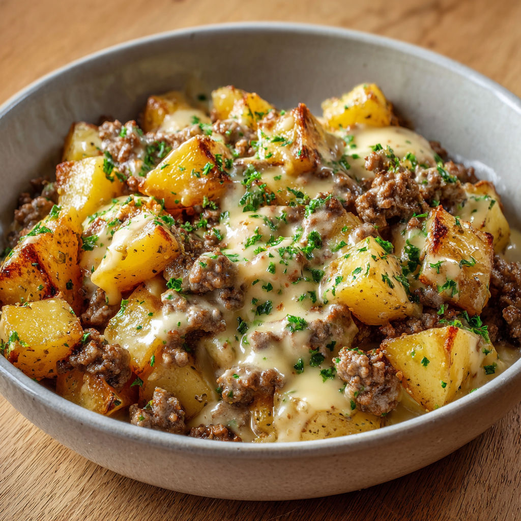 Une poêlée de viande crémeuse et de pommes de terre, servie dans un bol sur une table.